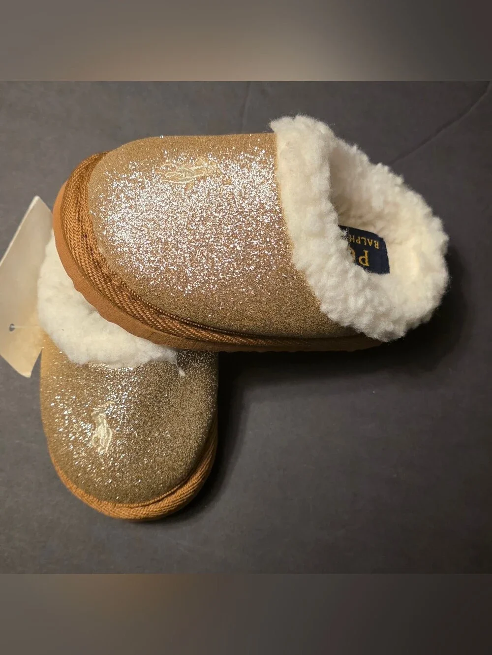 Polo by Ralph Lauren Kids' Gold Glitter Shearling Slippers